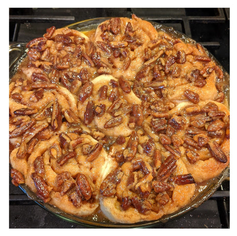 Gluten-Free Pecan Praline Peach Cobbler Cinnamon Rolls